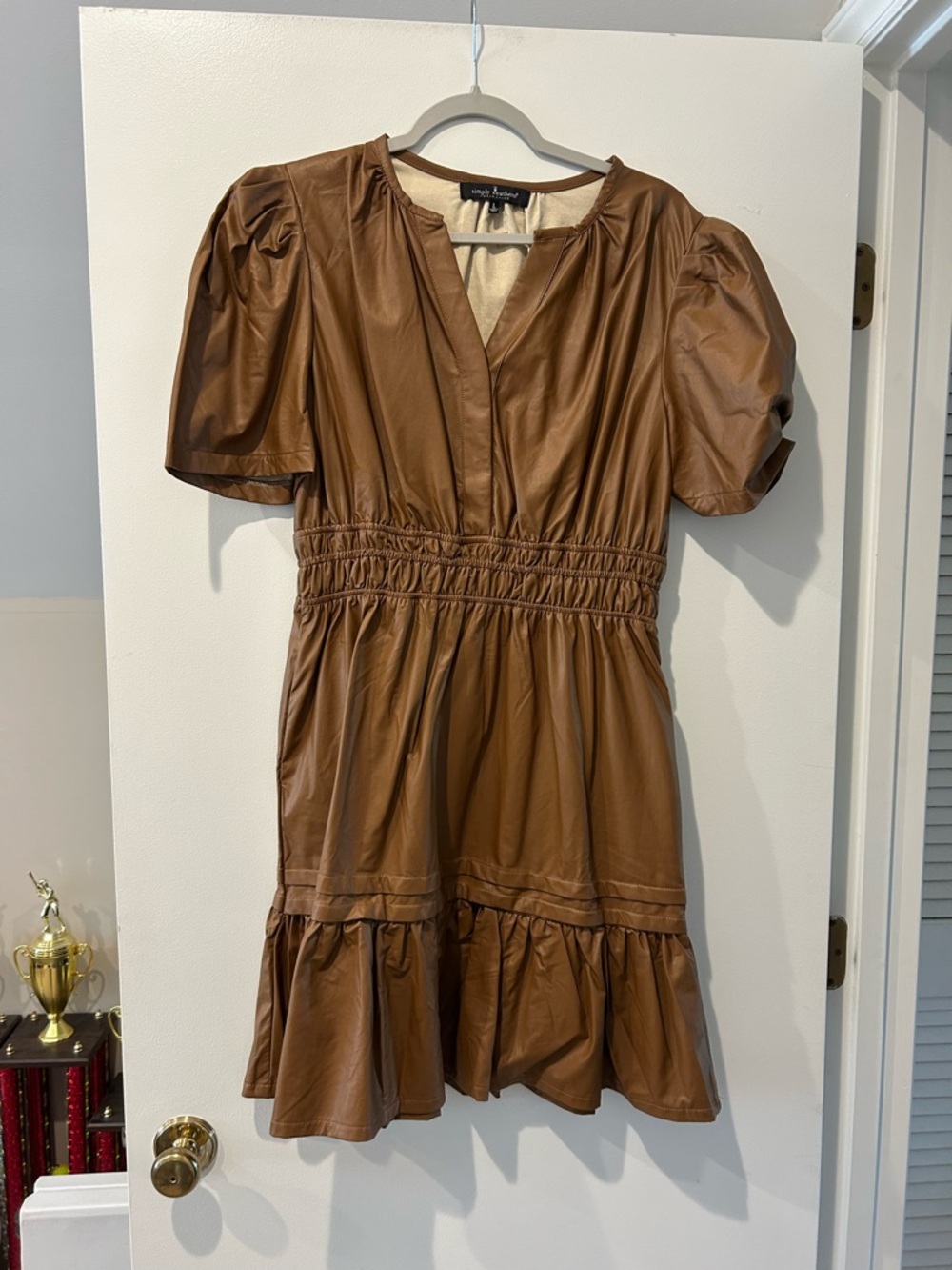 Simply Southern Brown Faux Leather Puff Sleeve Tiered Mini Dress